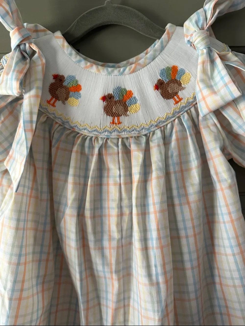 Smocked Pastel Plaid Girls One-Piece Romper with Tie Shoulders